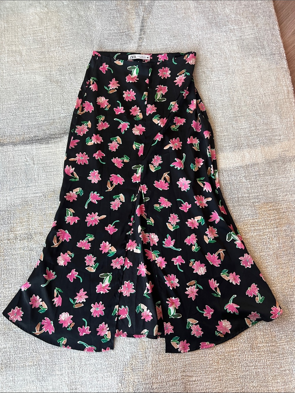 Zara Black Midi Skirt with Pink Floral Print